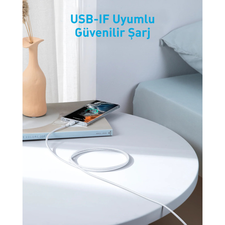 Anker 322 USB-C to USB-C 1.8M 60W Şarj Data Kablosu - Beyaz